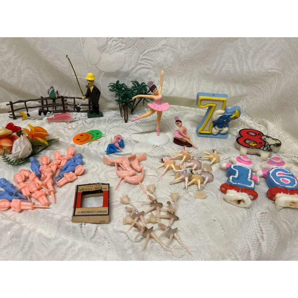 Vintage Cake Toppers and Candles Lot 40+ Ballerina Fishing Birthday Party Decor
